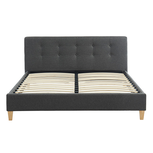 Lit adulte 140x190 avec tête de lit capitonnée en tissu gris foncé - sommier à lattes - Milo