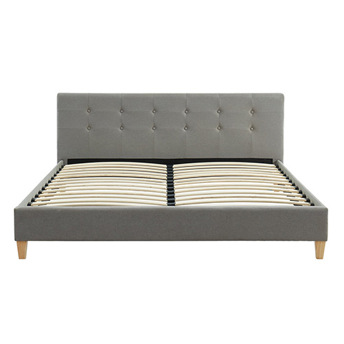 Lit adulte 160x200 avec tête de lit capitonnée en tissu gris clair - sommier à lattes - Milo