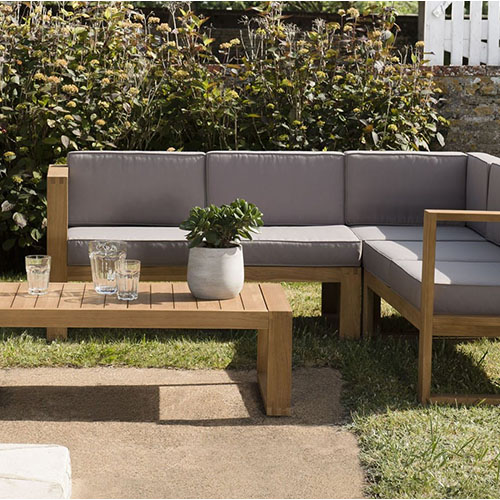 Salon de jardin 5 places en teck avec coussins taupe - Collection Minorque