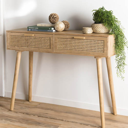 Console 2 tiroirs en bois naturel et rotin - Collection Rodrigo