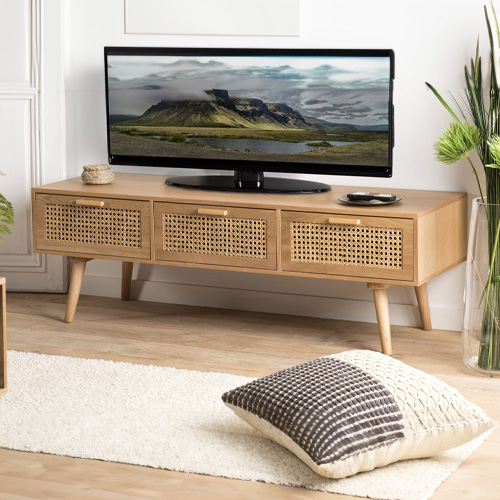 Meuble TV 3 tiroirs en bois naturel et rotin - Collection Rodrigo