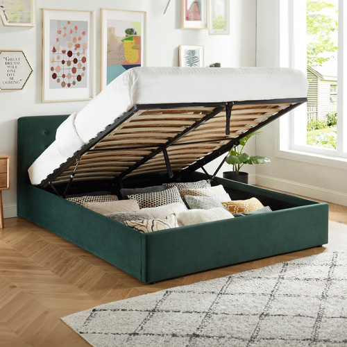 Lit coffre 160x200 en velours vert avec tête de lit et sommier à lattes - Collection Tina