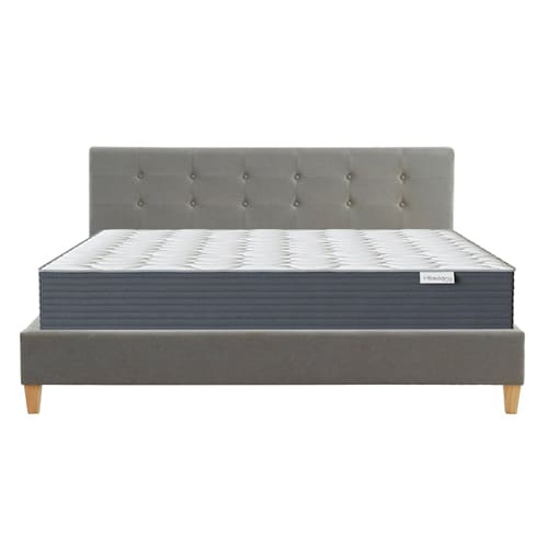 Ensemble lit 160x200cm + matelas Memo HR avec tête de lit capitonnée en tissu gris clair - sommier à lattes - Collection Milo