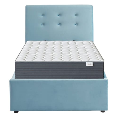 Ensemble lit coffre enfant 90x190 en velours bleu + matelas Memo HR avec tête de lit, sommier à lattes - Collection Tina