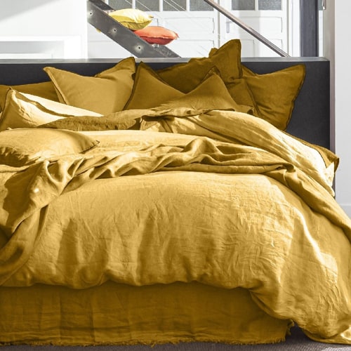 DRAP HOUSSE 140X190CM 100% LIN LAVÉ JAUNE CURRY