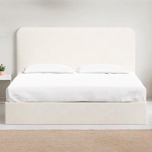 Lit adulte 160x200 en velours côtelé beige avec tête de lit et sommier à lattes - Enzo