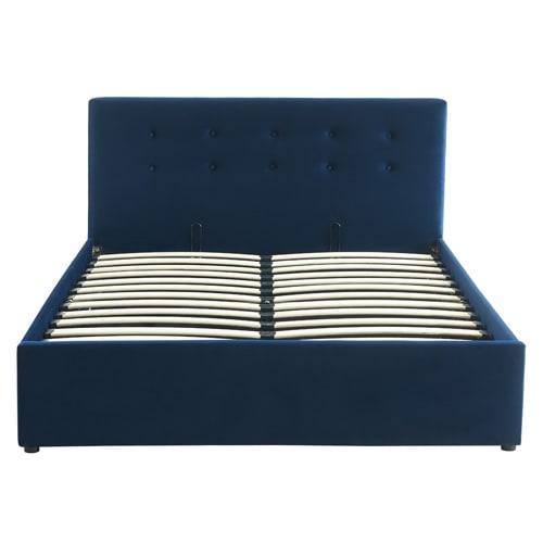  Lit coffre 140x190 en velours bleu foncé avec tête de lit et sommier à lattes - Tina