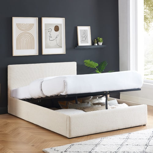  Lit coffre 160x200 en velours côtelé beige avec tête de lit et sommier à lattes - Tina