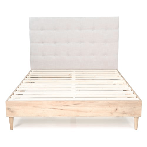 Lit adulte 140x190 cm en bois naturel avec sommier et tête de lit en tissu gris clair - Nico