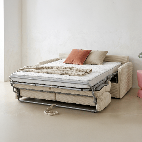 Canapé convertible 3 places en velours côtelé beige - Ouverture express - Couchage quotidien - Matelas HD 140 x 190 - Sienne