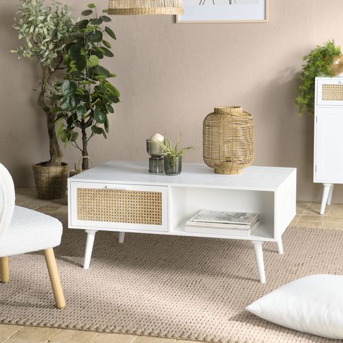 Table basse blanche 2 tiroirs 1 niche cannage naturel - Sandro