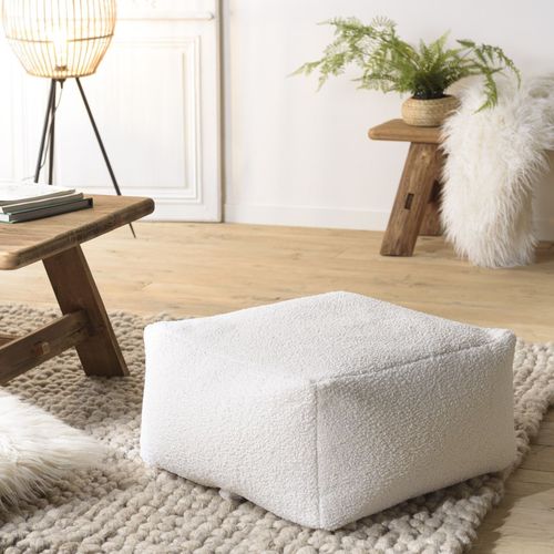 Pouf carré 53x53cm tissu bouclette écru - Albane