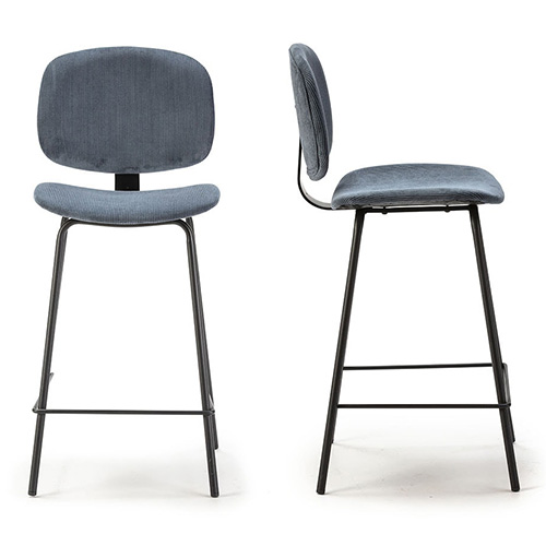 Lot de 2 tabourets de bar en velours côtelé bleu piètement noir 65 cm - Liv