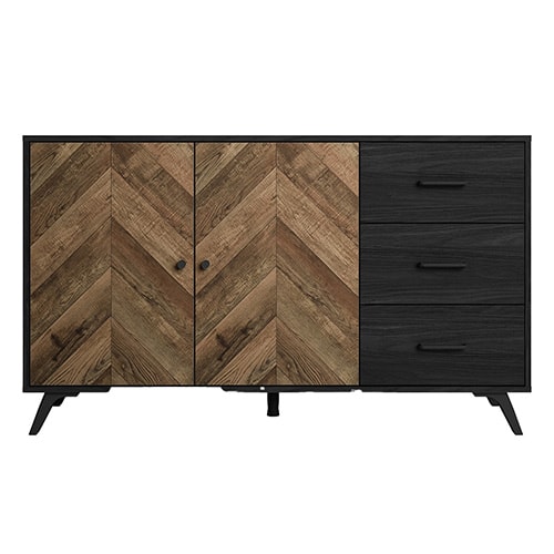 Buffet 2 portes 3 tiroirs effet bois à chevrons / noir 136 cm - Dario