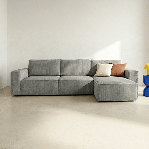 Canapé d'angle 5 places convertible réversible avec coffre de rangement en velours côtelé gris clair - Harper New