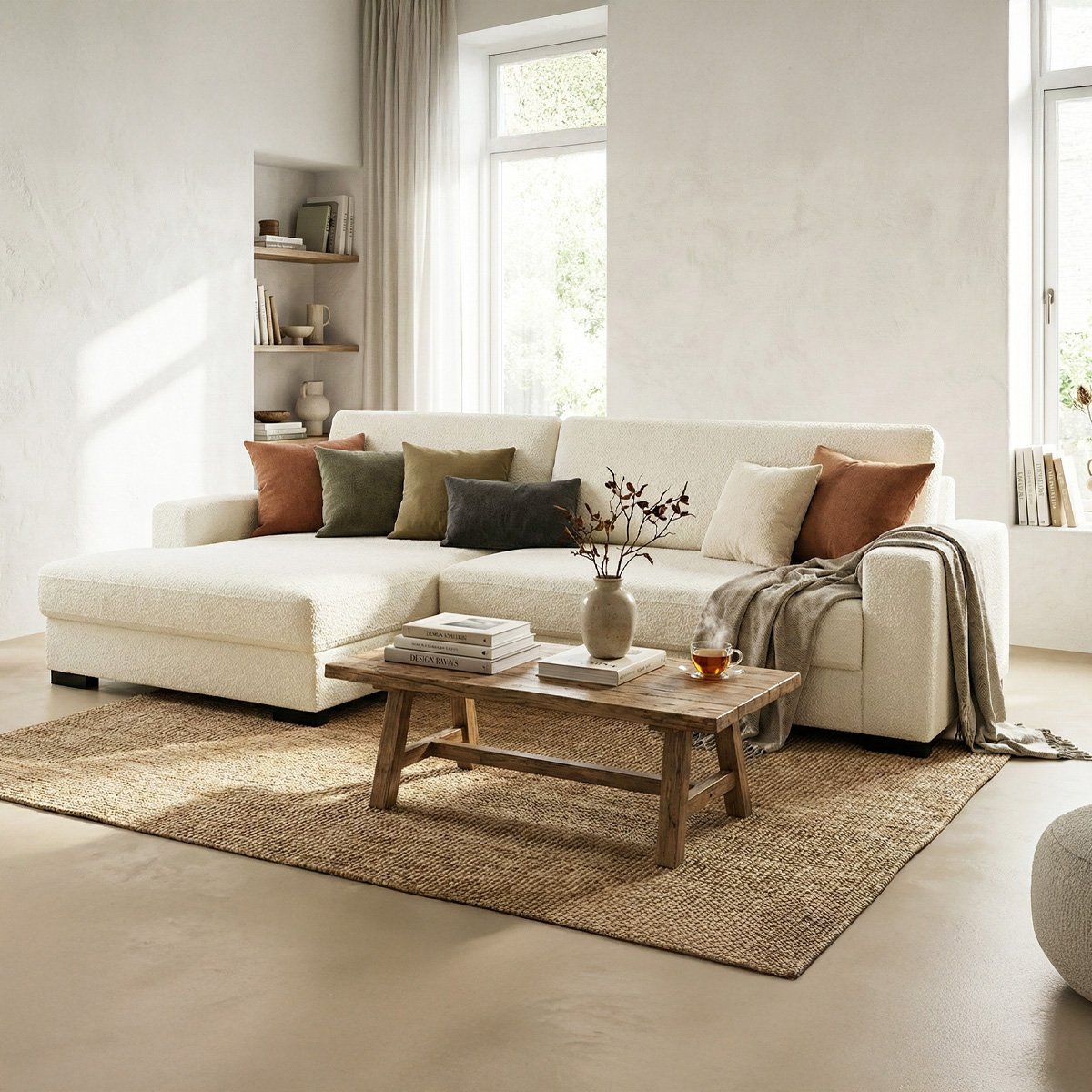 Canapé d'angle gauche convertible 3/4 places avec coffre de rangement en tissu bouclé écru - ARTY