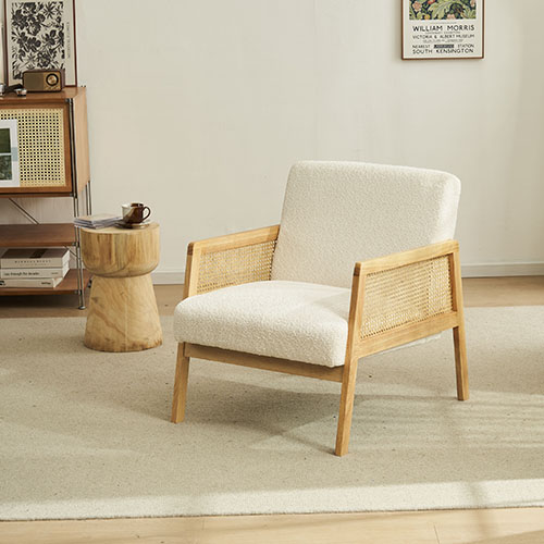 Fauteuil rotin et tissu bouclé écru - Mani