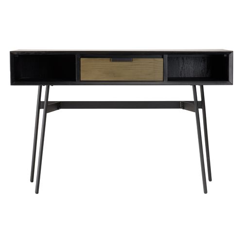 Console noire 130x35cm 2 niches 1 tiroir marron pieds métal noir ALMA