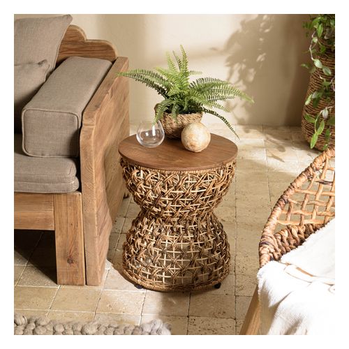 Tabouret beige assise en bois de teck recyclé SIXTINE