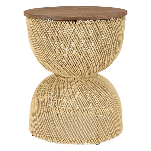 Table d'appoint en rotin beige plateau en bois teck recyclé - Sixtine