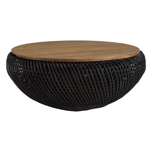 Table basse ronde 80x80cm en rotin noir plateau amovible - Sixtine