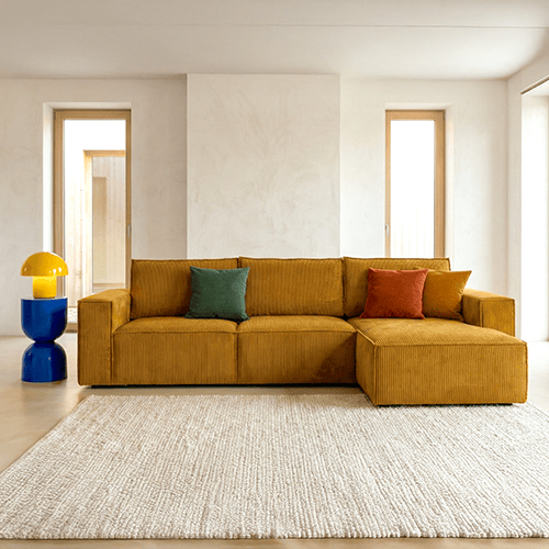 Canapé d'angle convertible réversible 5 places avec coffre de rangement en velours côtelé jaune moutarde - Harper