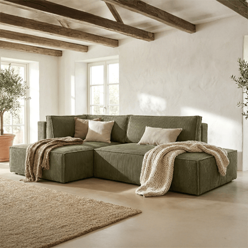 Canapé d'angle à gauche convertible 3 places avec coffre de rangement en velours côtelé vert kaki - Barani