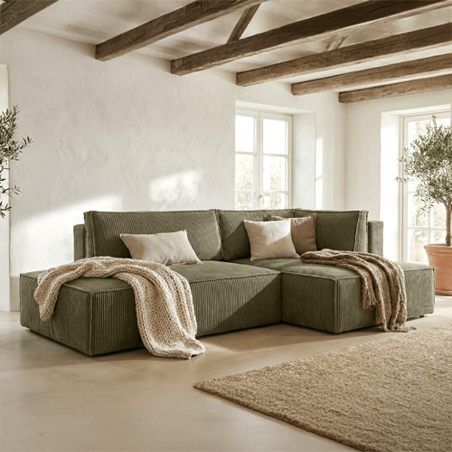 Canapé d'angle à droite convertible 3 places avec coffre de rangement en velours côtelé vert kaki - Barani