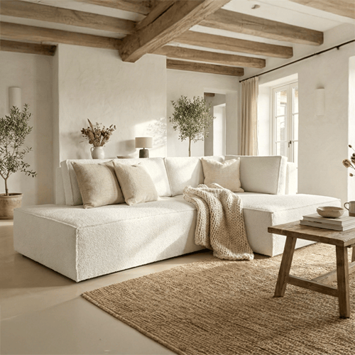 Canapé d'angle à droite convertible 3 places avec coffre de rangement en tissu bouclé beige - Barani