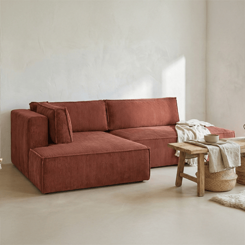 Canapé d'angle à gauche convertible 3 places avec coffre de rangement en velours côtelé rouille - Barani