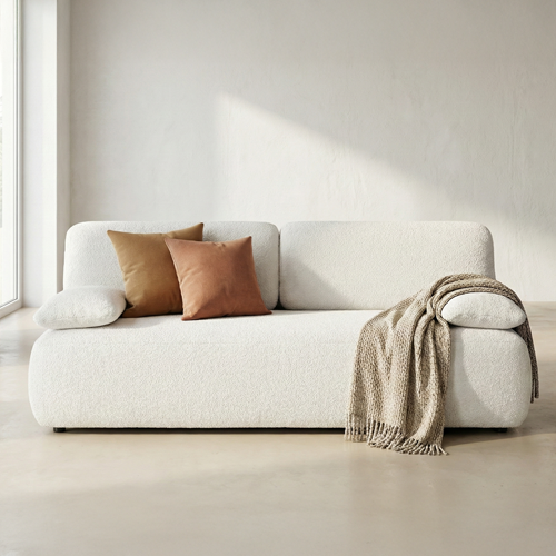 Canapé convertible 3 places avec coffre de rangement en tissu bouclette beige - Gemma