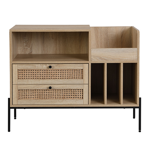 Meuble range vinyles 2 tiroirs en cannage naturel et effet chêne 90 cm - Iris