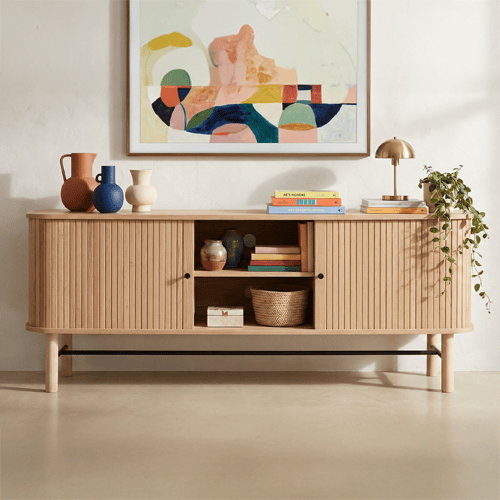 Meuble TV à portes coulissantes placage chêne 150 cm - Lino