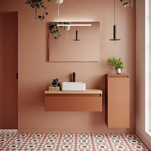 Meuble de salle de bain suspendu vasque à poser 90cm 1 tiroir Terracotta + miroir + colonne ouverture droite - Hudson