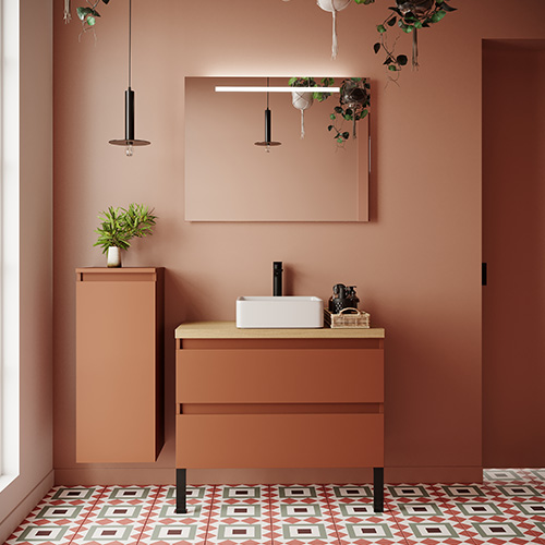 Meuble de salle de bain suspendu vasque à poser 90cm 2 tiroirs Terracotta - Hudson