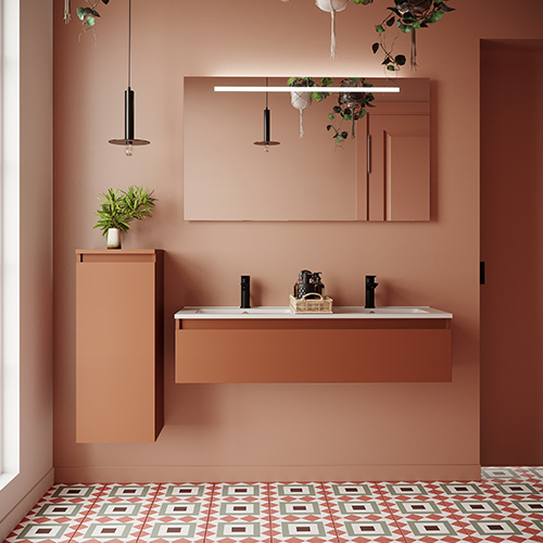 Meuble de salle de bain suspendu double vasque intégrée 120cm 1 tiroir Terracotta + miroir - Rivage