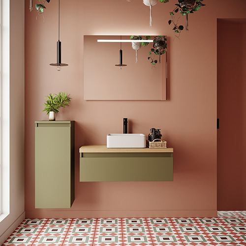 Meuble de salle de bain suspendu vasque à poser 90cm 1 tiroir Vert olive - Rivage