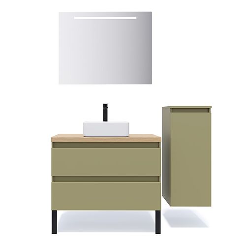 Meuble de salle de bain suspendu vasque à poser 90cm 2 tiroirs Vert olive + miroir + colonne ouverture droite - Rivage
