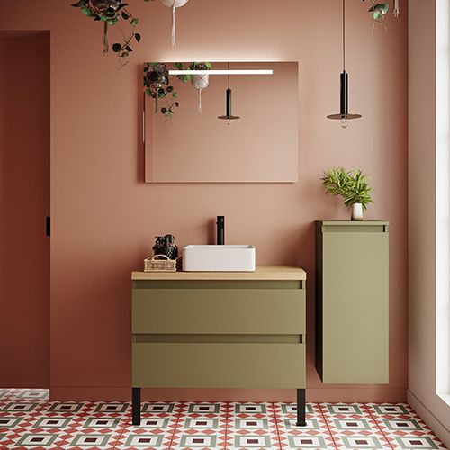 Meuble de salle de bain suspendu vasque à poser 90cm 2 tiroirs Vert olive + miroir + colonne ouverture droite - Rivage