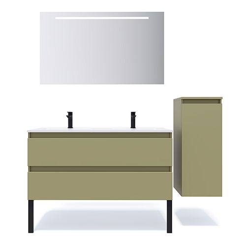 Meuble de salle de bain suspendu double vasque intégrée 120cm 2 tiroirs Vert olive + miroir + colonne ouverture droite - Rivage