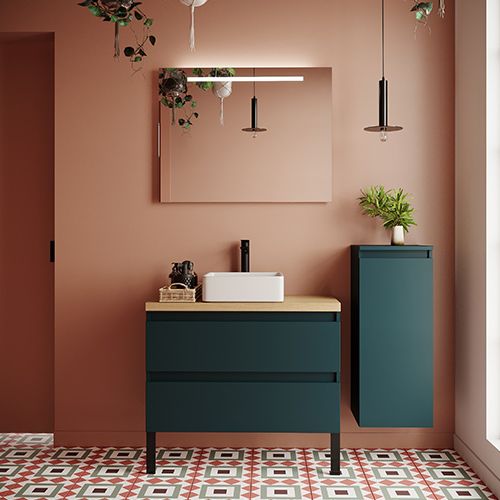 Meuble de salle de bain suspendu vasque à poser 90cm 2 tiroirs Bleu + miroir + colonne ouverture droite - Rivage