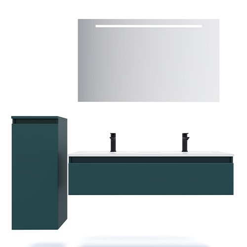 Meuble de salle de bain suspendu double vasque intégrée 120cm 1 tiroir Bleu + miroir + colonne ouverture gauche - Rivage