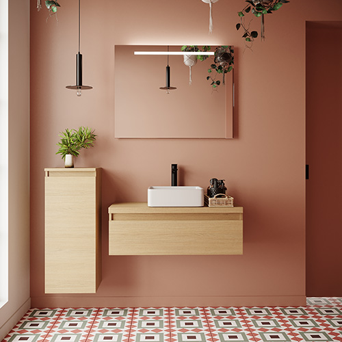 Meuble de salle de bain suspendu vasque à poser 90cm 1 tiroir Chêne clair + miroir + colonne ouverture gauche - Rivage