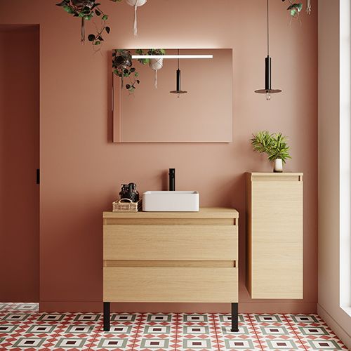 Meuble de salle de bain suspendu vasque à poser 90cm 2 tiroirs Chêne clair + miroir + colonne ouverture droite - Rivage