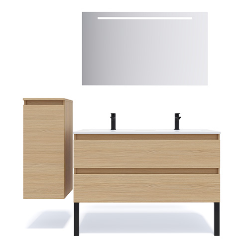 Meuble de salle de bain suspendu double vasque intégrée 120cm 2 tiroirs Chêne clair + miroir - Rivage