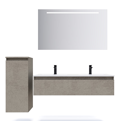 Meuble de salle de bain suspendu double vasque intégrée 120cm 1 tiroir façon Béton + miroir - Rivage