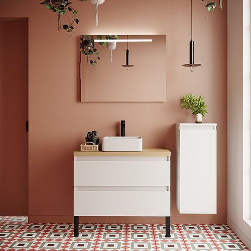 Meuble de salle de bain suspendu vasque à poser 90cm 2 tiroirs Blanc + miroir + colonne ouverture droite - Rivage