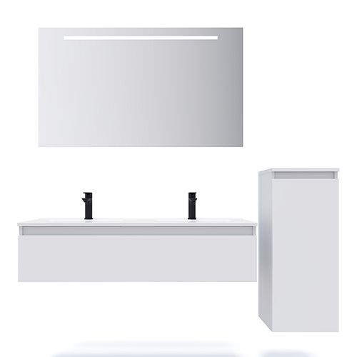 Meuble de salle de bain suspendu double vasque intégrée 120cm 1 tiroir Blanc + miroir + colonne ouverture droite - Rivage