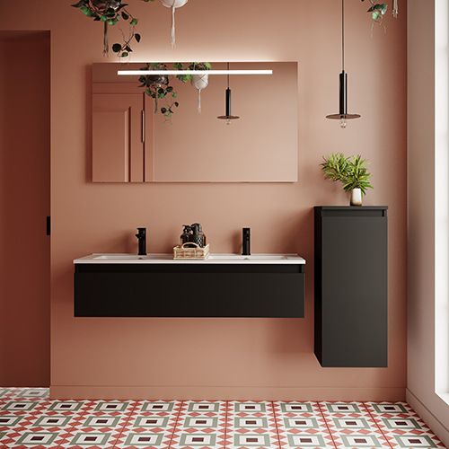 Meuble de salle de bain suspendu double vasque intégrée 120cm 1 tiroir Noir + miroir + colonne ouverture droite - Rivage