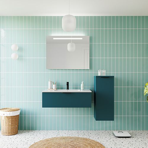Meuble de salle de bains 90 cm Tropical - 1 tiroir - simple vasque + miroir + demi-colonne ouverture à droite - Loft